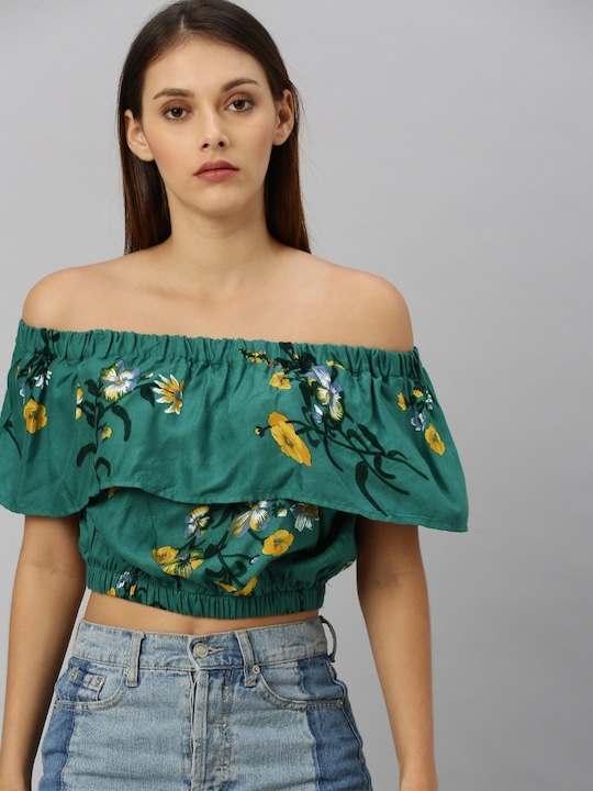 HERE&NOW Women Floral Printed Layered Cropped Bardot Top