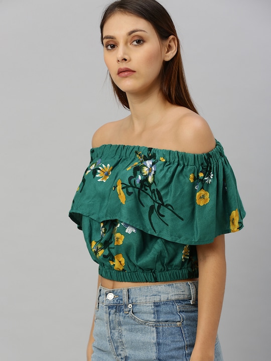 HERE&NOW Women Floral Printed Layered Cropped Bardot Top