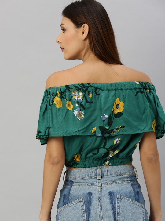 HERE&NOW Women Floral Printed Layered Cropped Bardot Top