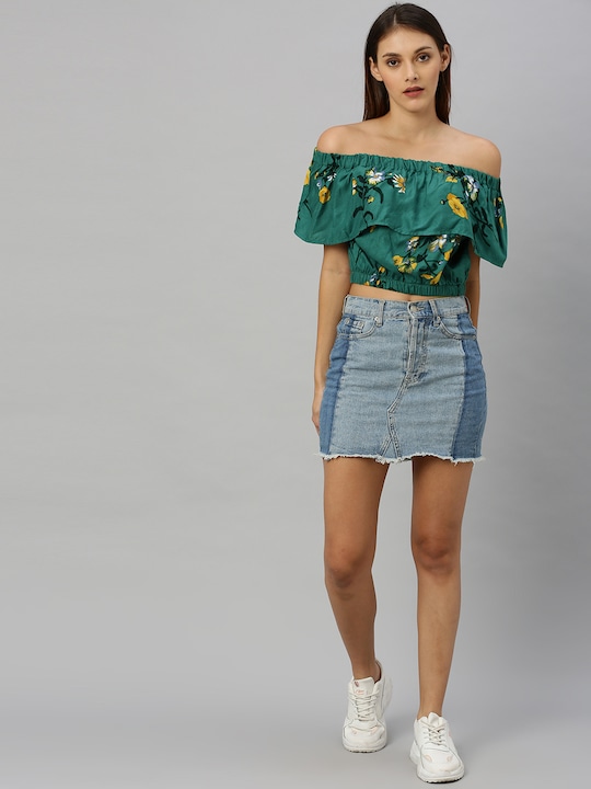 HERE&NOW Women Floral Printed Layered Cropped Bardot Top