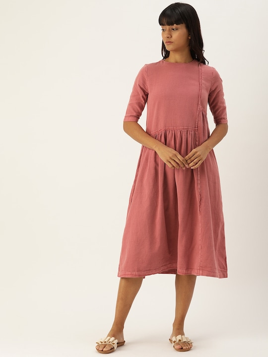 ether Women Natural Dyed Solid A-Line Sustainable Dress with Gathers