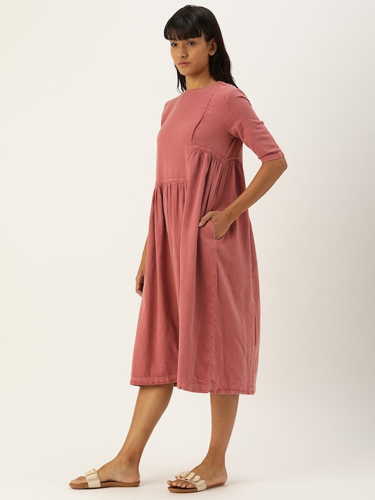 ether Women Natural Dyed Solid A-Line Sustainable Dress with Gathers