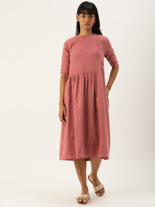 ether Women Natural Dyed Solid A-Line Sustainable Dress with Gathers