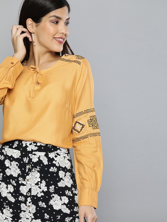 HERE&NOW Women Solid Top Embroidered Detail