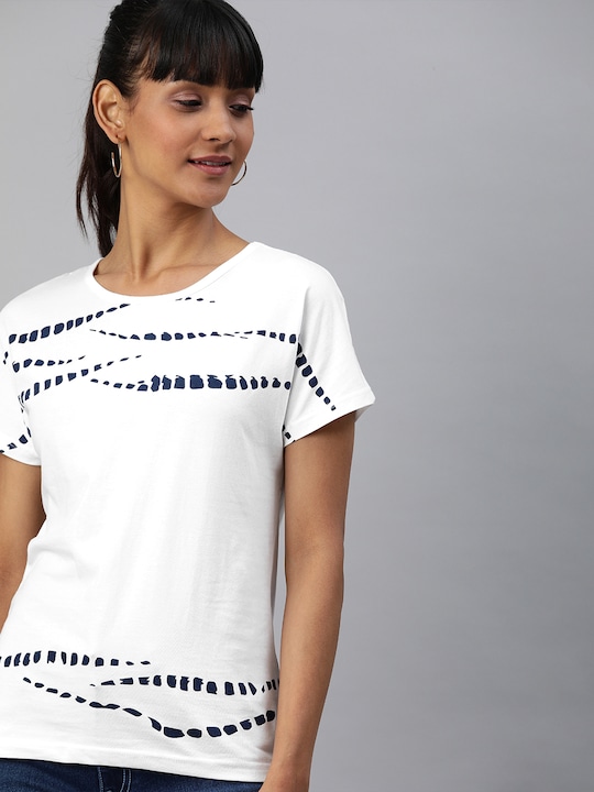 HERE&NOW Women Printed Round Neck Pure Cotton T-shirt