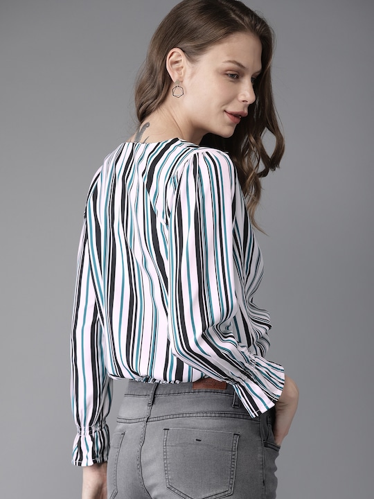 HERE&NOW Women Striped Cropped Blouson Top