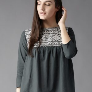 HERE&NOW Ethnic Motifs Pleated Pure Cotton A-Line Top