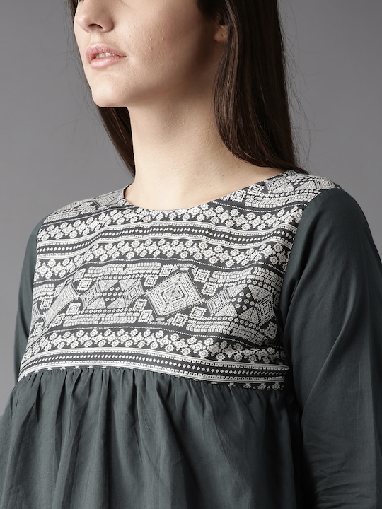 HERE&NOW Ethnic Motifs Pleated Pure Cotton A-Line Top