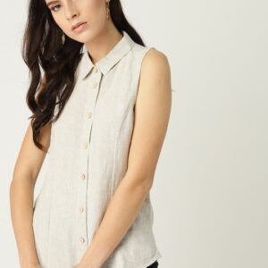 MANGO Women Solid Linen Casual Shirt