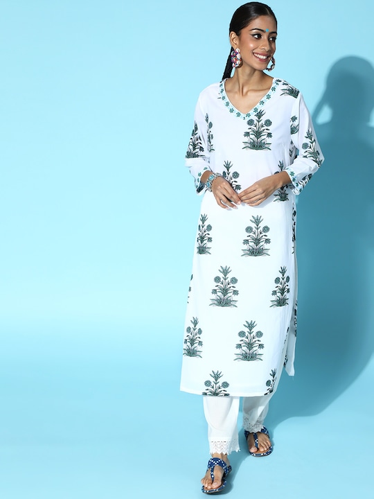 HERE&NOW Women Ethnic Motifs Printed Pure Cotton Straight Kurta