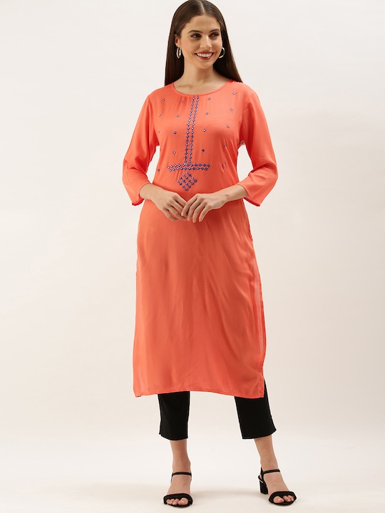 ANOUK  Women Embroidered Viscose Rayon Straight Kurta