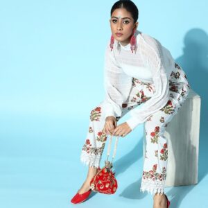 HERE&NOW Women Floral Printed Cotton Knitted Palazzos