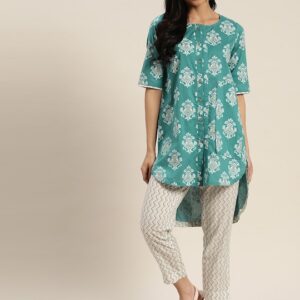 Sangria Women Printed Pure Cotton High-Low Kurta with Cropped Trousers