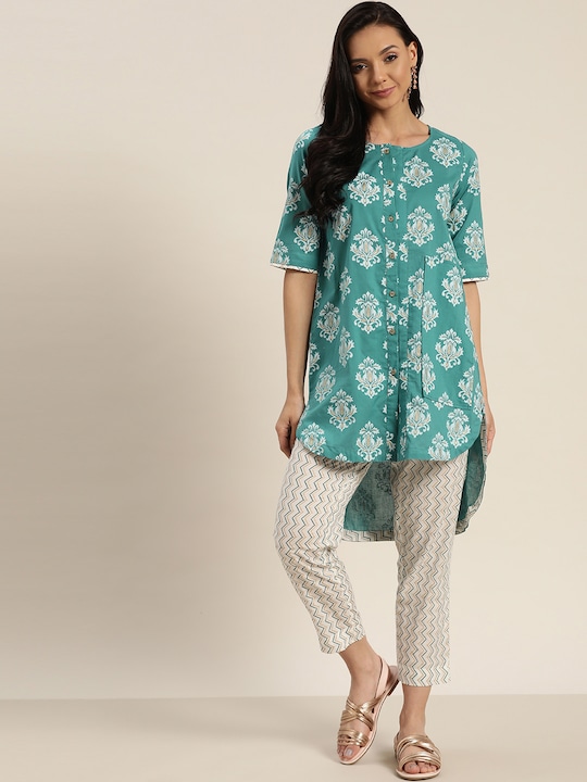 Sangria Women Printed Pure Cotton High-Low Kurta with Cropped Trousers