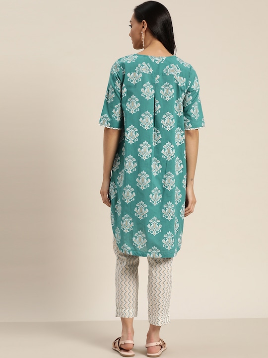 Sangria Women Printed Pure Cotton High-Low Kurta with Cropped Trousers