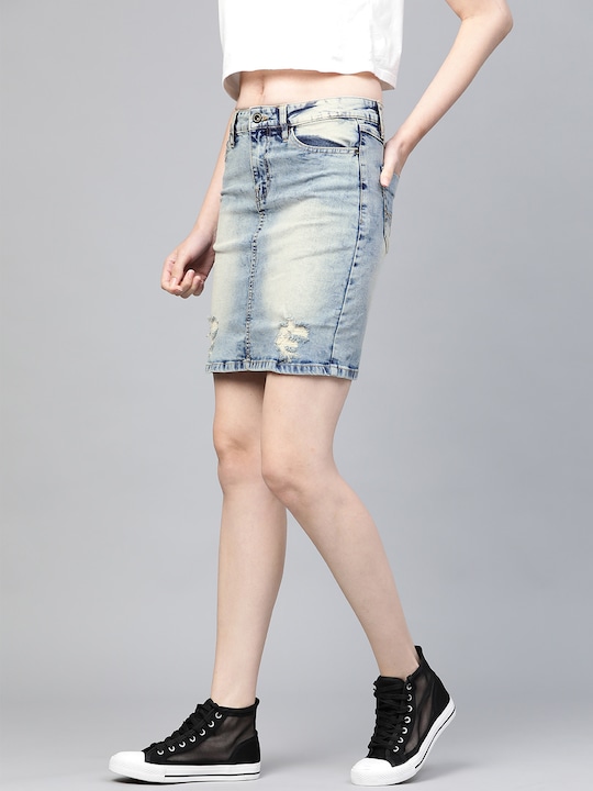 Roadster Women Washed Denim Straight Skirt