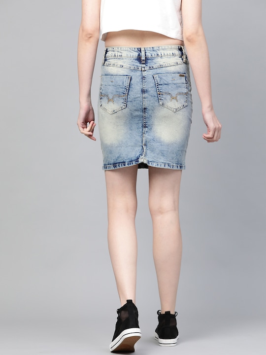 Roadster Women Washed Denim Straight Skirt