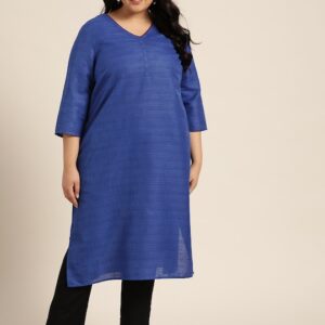 Sztori Women Plus Size Blue Self-Striped Jamawar Straight Kurta