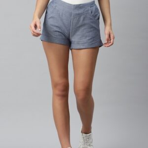 Roadster Women Solid Regular Fit Pure Cotton Chambray Shorts