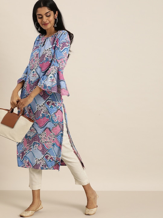 Sangria Women Ethnic Motifs Printed Keyhole Neck Bell Sleeves Kurta