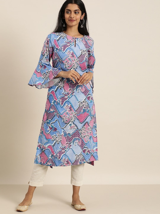 Sangria Women Ethnic Motifs Printed Keyhole Neck Bell Sleeves Kurta