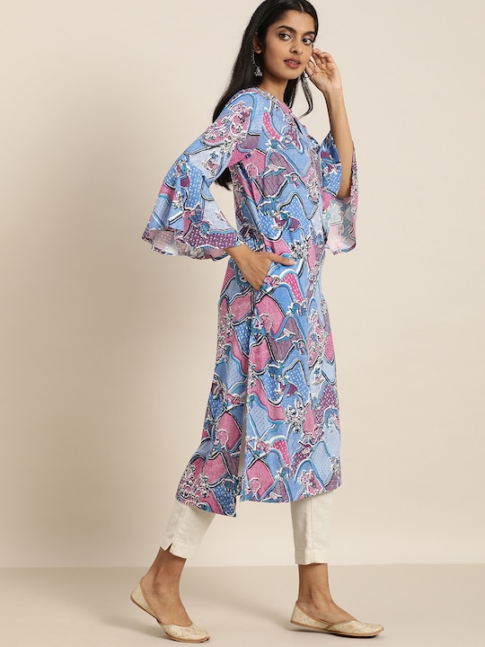 Sangria Women Ethnic Motifs Printed Keyhole Neck Bell Sleeves Kurta