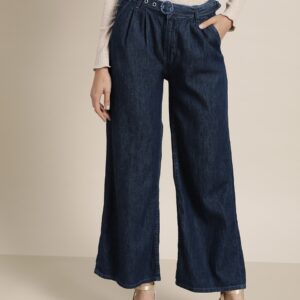 all about you Women Pure Cotton Pleated Parallel Denim Trousers with Belt