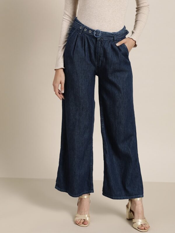 all about you Women Pure Cotton Pleated Parallel Denim Trousers with Belt