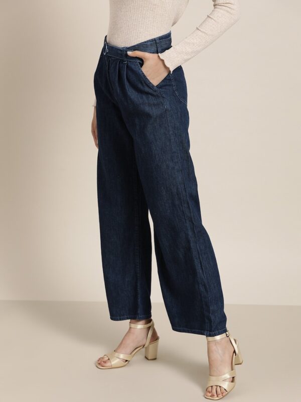 all about you Women Pure Cotton Pleated Parallel Denim Trousers with Belt