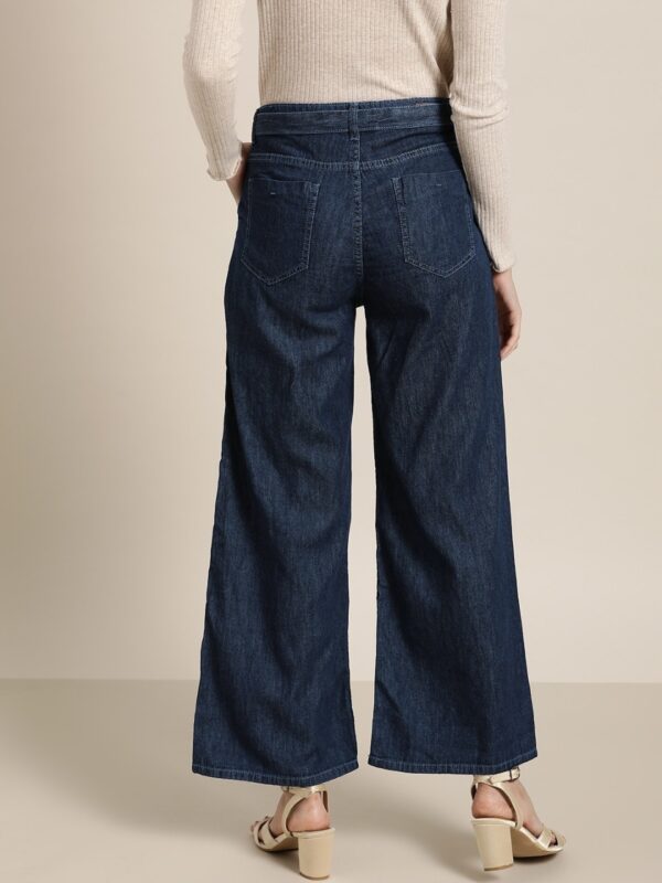 all about you Women Pure Cotton Pleated Parallel Denim Trousers with Belt