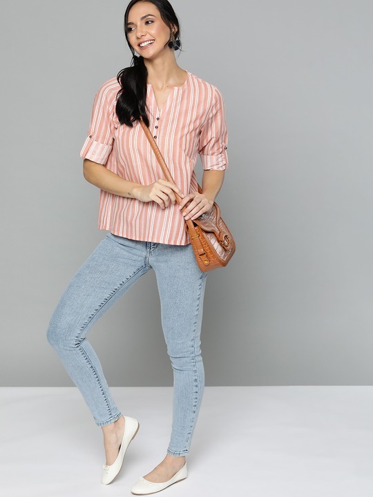 HERE&NOW Pure Cotton Striped Sleeves Top