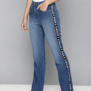 HERE&NOW Women Straight Fit Stretchable Side Tape Detail Jeans