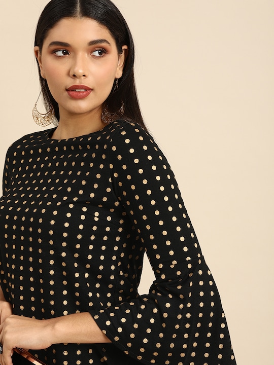 Anouk Polka Dot Printed Bell Sleeves Knitted Regular Top