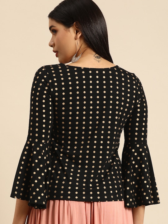 Anouk Polka Dot Printed Bell Sleeves Knitted Regular Top