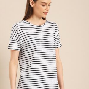 ether Women Striped Round Neck Pure Cotton T-shirt