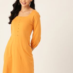 DressBerry Mustard Cotton Solid A-Line Dress