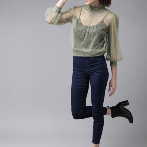 Roadster Women Green Self Design Sheer Top