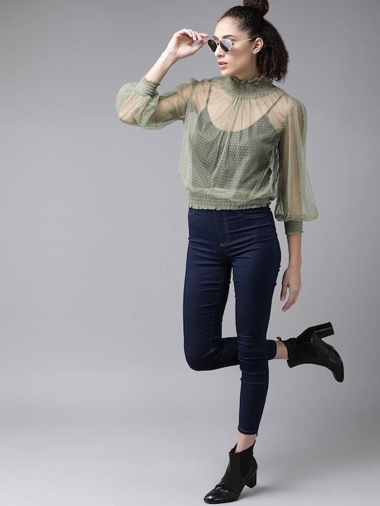 Roadster Women Green Self Design Sheer Top