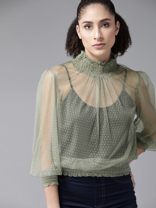 Roadster Women Green Self Design Sheer Top