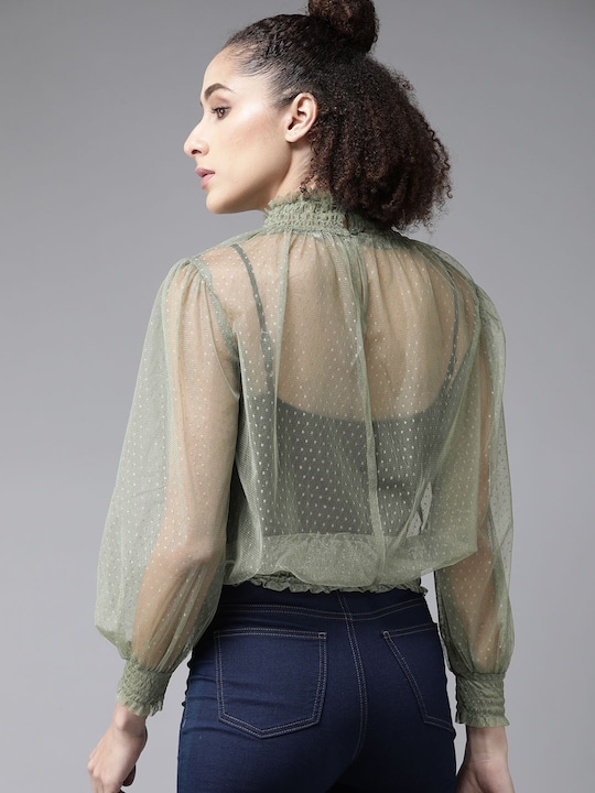 Roadster Women Green Self Design Sheer Top