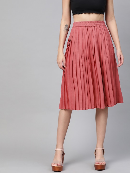 HERE&NOW Women Pleated Solid A-line Skirt