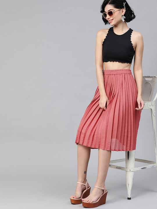 HERE&NOW Women Pleated Solid A-line Skirt