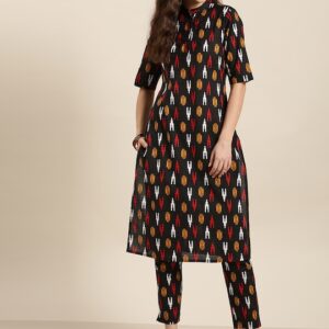 Sangria Women Pure Cotton Geometric Printed Kurta with Trousers