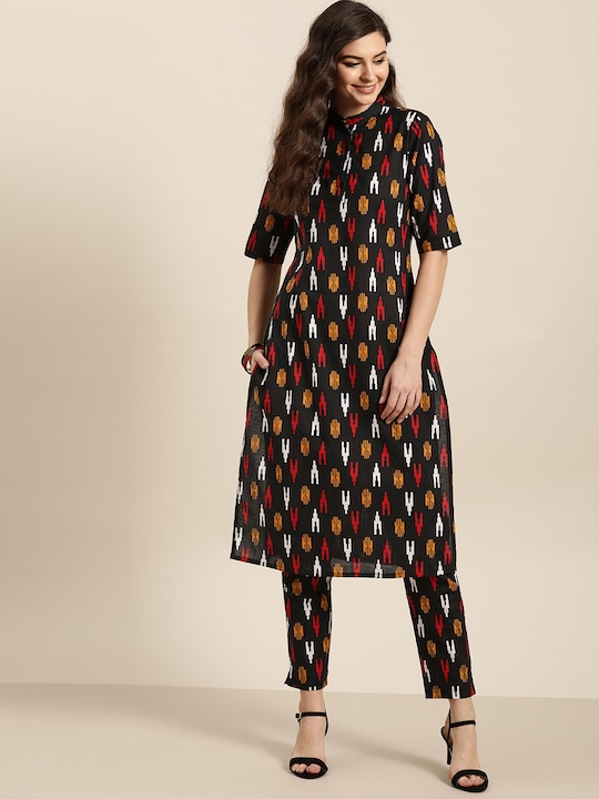 Sangria Women Pure Cotton Geometric Printed Kurta with Trousers