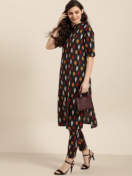 Sangria Women Pure Cotton Geometric Printed Kurta with Trousers