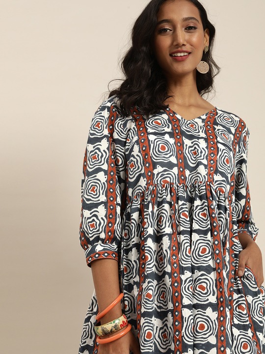 Taavi Hand Block Print Legacy A-Line Sustainable Kurta with Gathers