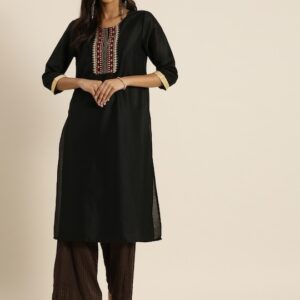 all about you Women Yoke Design Thread Work Straight Kurta