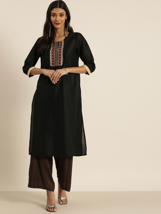 all about you Women Yoke Design Thread Work Straight Kurta