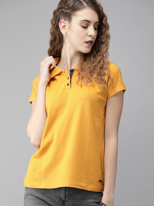 Roadster Women Solid Polo Collar Pure Cotton T-shirt