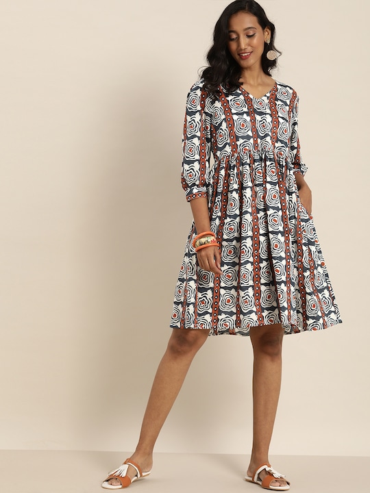 Taavi Hand Block Print Legacy A-Line Sustainable Dress with Gathers